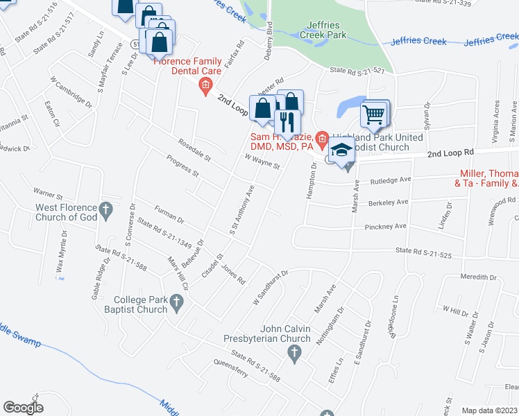 map of restaurants, bars, coffee shops, grocery stores, and more near 1751 State Road S-21-600 in Florence