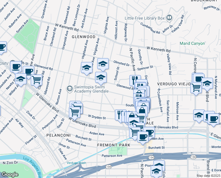 map of restaurants, bars, coffee shops, grocery stores, and more near 617 West Stocker Street in Glendale