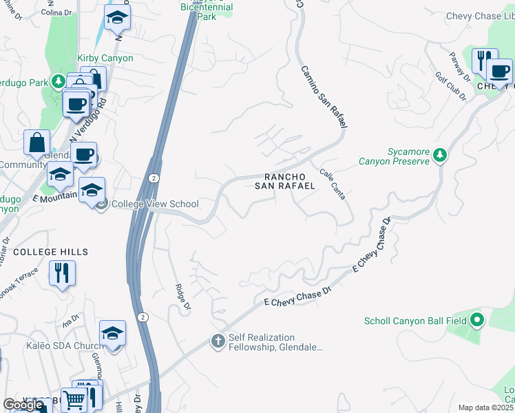 map of restaurants, bars, coffee shops, grocery stores, and more near 925 Calle Del Pacifico in Glendale
