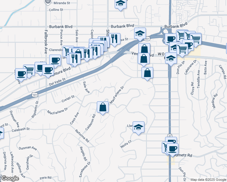 map of restaurants, bars, coffee shops, grocery stores, and more near 22364 Cass Avenue in Los Angeles