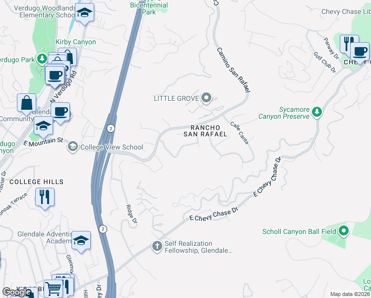 map of restaurants, bars, coffee shops, grocery stores, and more near 925 Calle Del Pacifico in Glendale