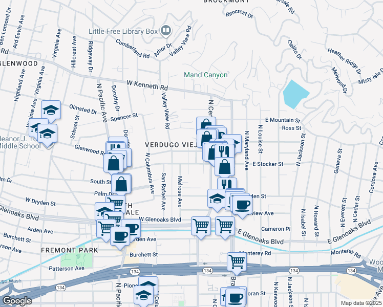 map of restaurants, bars, coffee shops, grocery stores, and more near 1201 Viola Avenue in Glendale