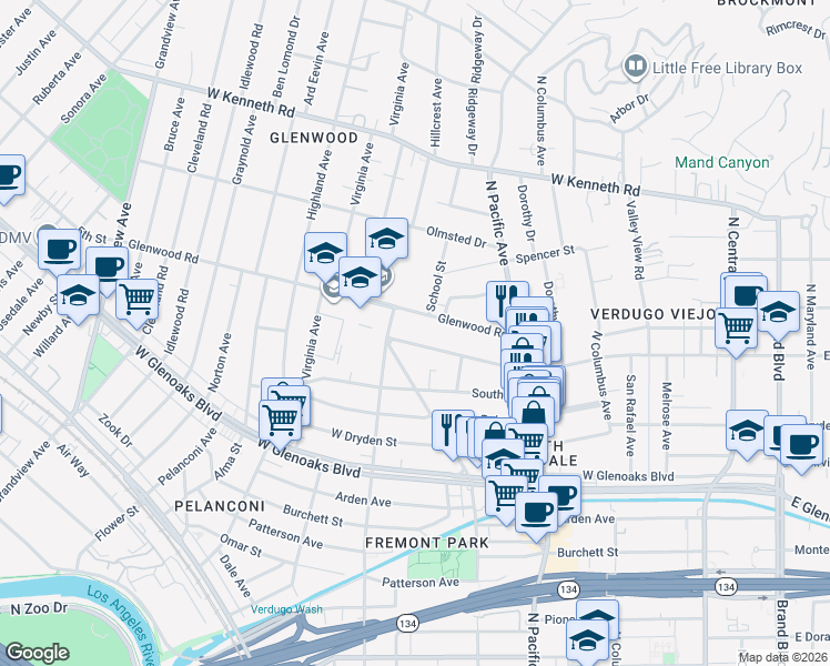 map of restaurants, bars, coffee shops, grocery stores, and more near 615 West Stocker Street in Glendale
