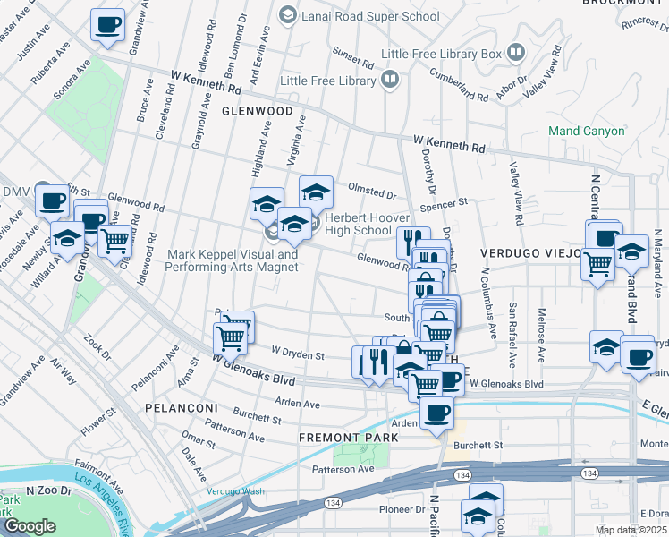map of restaurants, bars, coffee shops, grocery stores, and more near 615 West Stocker Street in Glendale