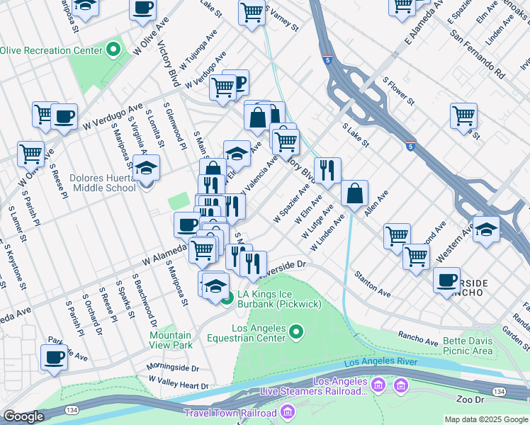 map of restaurants, bars, coffee shops, grocery stores, and more near 381 West Spazier Avenue in Burbank