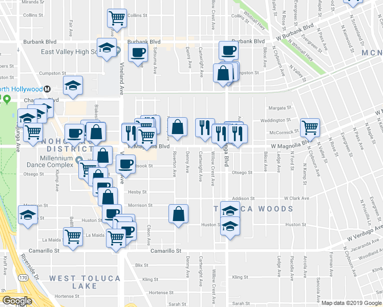 map of restaurants, bars, coffee shops, grocery stores, and more near 5147 Denny Avenue in Los Angeles