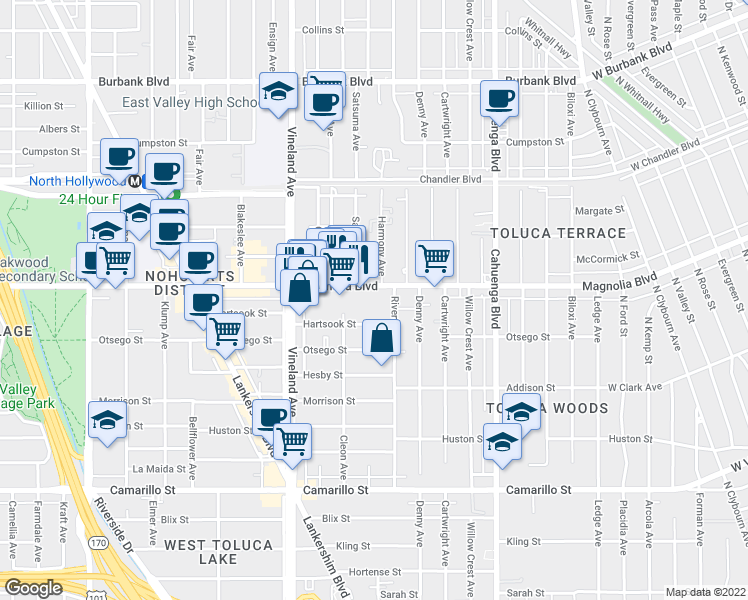 map of restaurants, bars, coffee shops, grocery stores, and more near 10819 Hartsook Street in Los Angeles