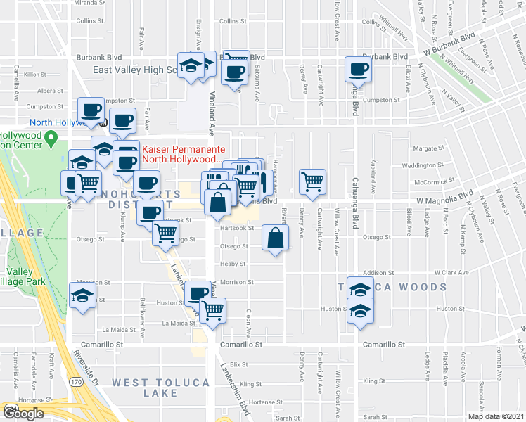 map of restaurants, bars, coffee shops, grocery stores, and more near 10819 Hartsook Street in Los Angeles