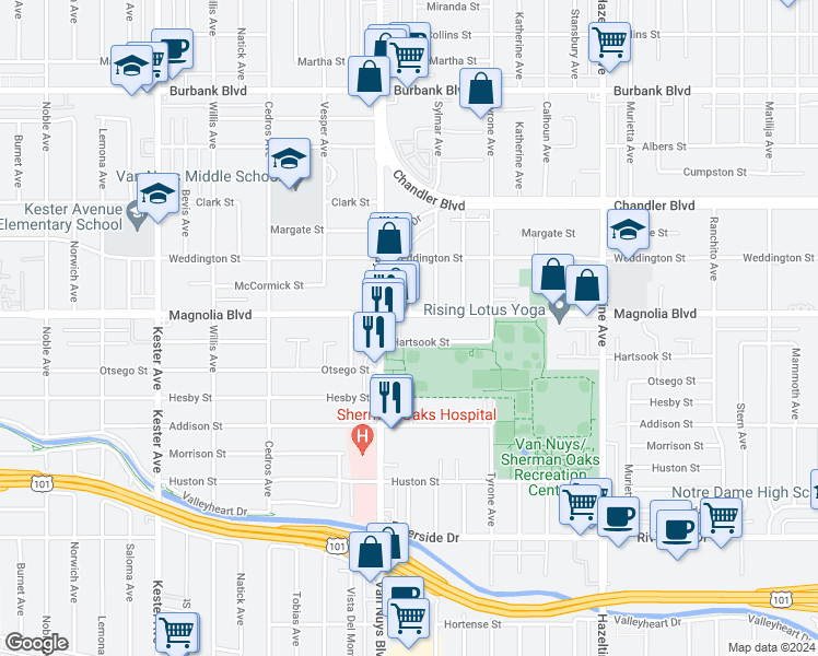 map of restaurants, bars, coffee shops, grocery stores, and more near 14424 Magnolia Boulevard in Los Angeles