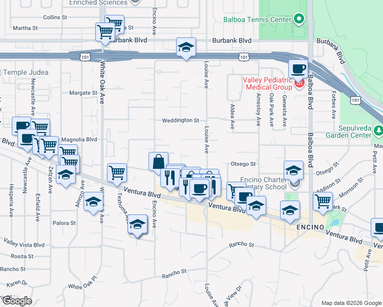 map of restaurants, bars, coffee shops, grocery stores, and more near 5125 Louise Avenue in Los Angeles