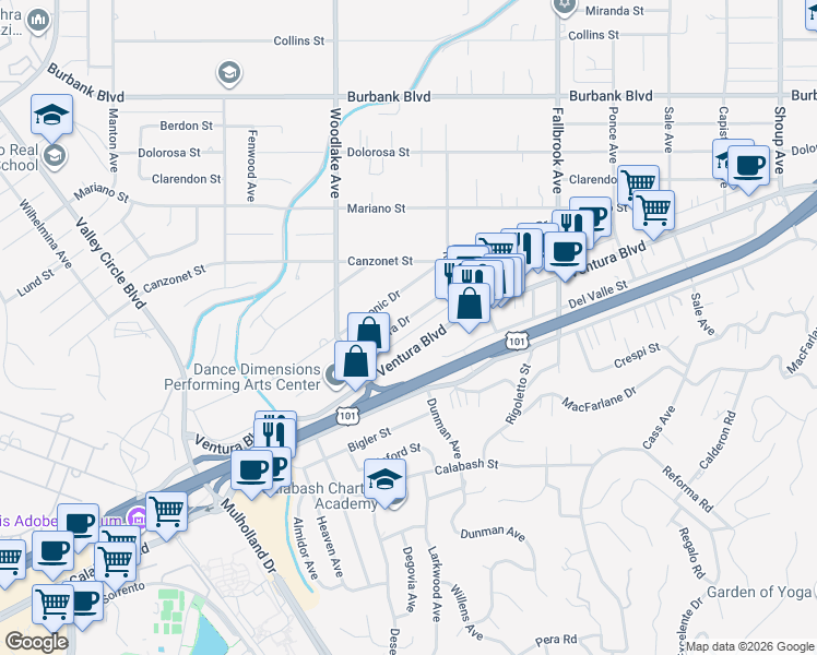 map of restaurants, bars, coffee shops, grocery stores, and more near 23070 Leonora Drive in Los Angeles