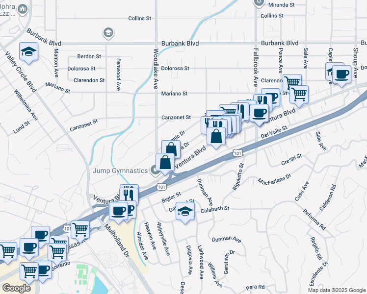 map of restaurants, bars, coffee shops, grocery stores, and more near 23067 Ventura Boulevard in Los Angeles