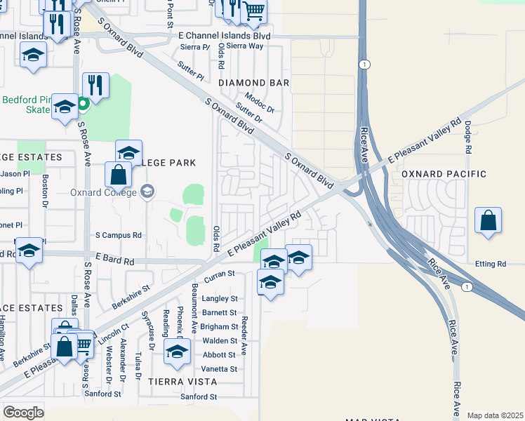 map of restaurants, bars, coffee shops, grocery stores, and more near 1643 Lime Avenue in Oxnard
