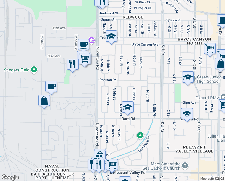 map of restaurants, bars, coffee shops, grocery stores, and more near 1573 North 6th Street in Port Hueneme