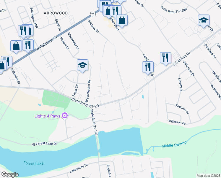map of restaurants, bars, coffee shops, grocery stores, and more near 3115 South Cashua Drive in Florence