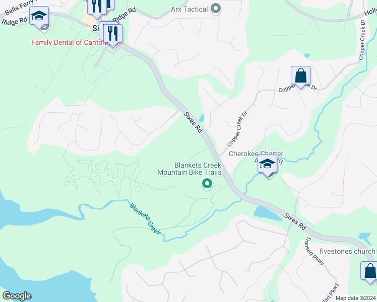 map of restaurants, bars, coffee shops, grocery stores, and more near 190 Sixes Creek Trail in Canton