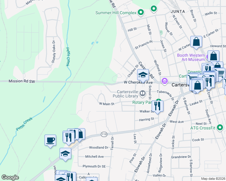 map of restaurants, bars, coffee shops, grocery stores, and more near 337 Jackson Street in Cartersville