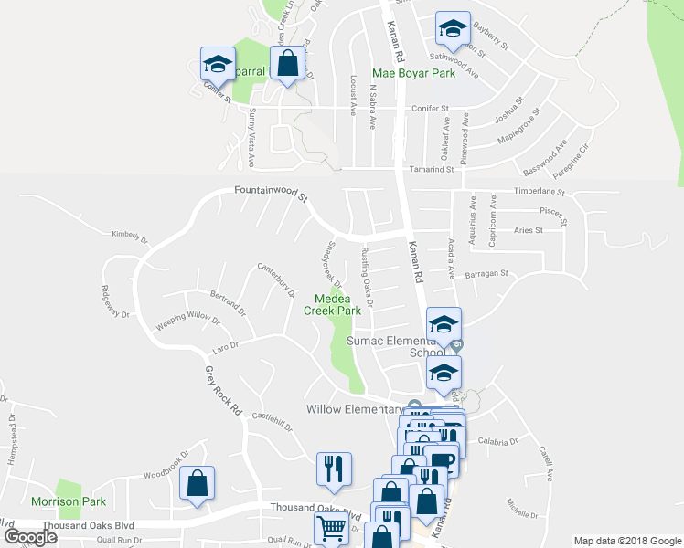 map of restaurants, bars, coffee shops, grocery stores, and more near 6213 Watertree Court in Agoura Hills