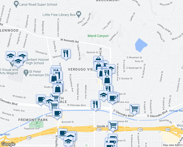 map of restaurants, bars, coffee shops, grocery stores, and more near 1219 Viola Avenue in Glendale