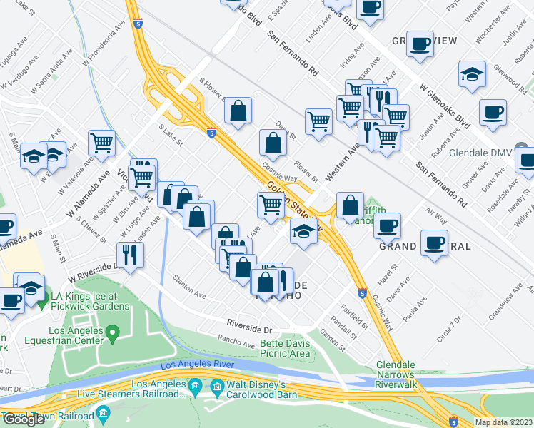 map of restaurants, bars, coffee shops, grocery stores, and more near 1731 Lake Street in Glendale