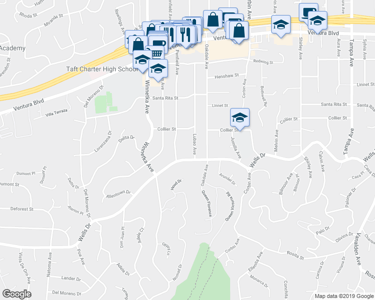 map of restaurants, bars, coffee shops, grocery stores, and more near 5117 Lubao Avenue in Los Angeles