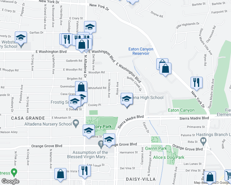 map of restaurants, bars, coffee shops, grocery stores, and more near 1051 Rose Avenue in Pasadena