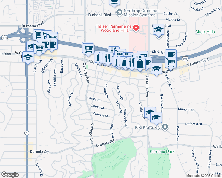 map of restaurants, bars, coffee shops, grocery stores, and more near 5143 Escobedo Drive in Los Angeles