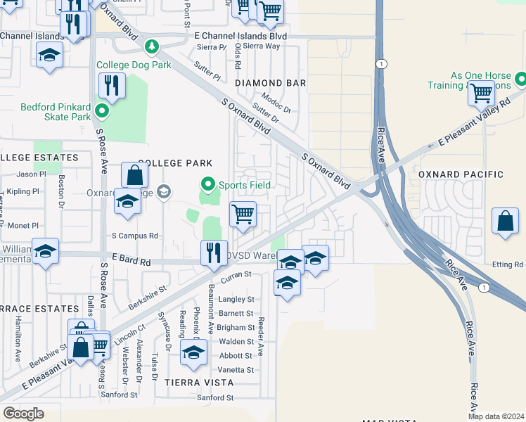 map of restaurants, bars, coffee shops, grocery stores, and more near 2167 Cardinal Avenue in Oxnard