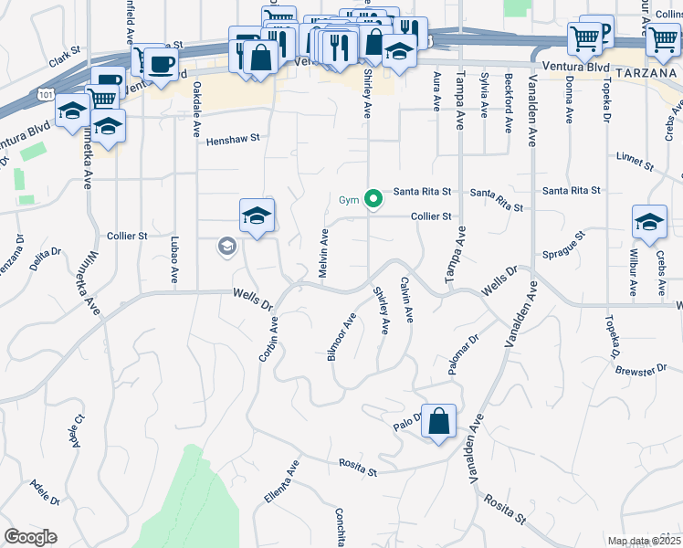 map of restaurants, bars, coffee shops, grocery stores, and more near 19532 Winifred Street in Los Angeles