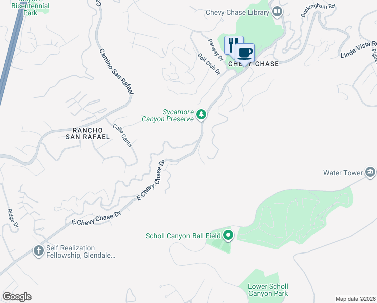 map of restaurants, bars, coffee shops, grocery stores, and more near 2721 East Chevy Chase Drive in Glendale