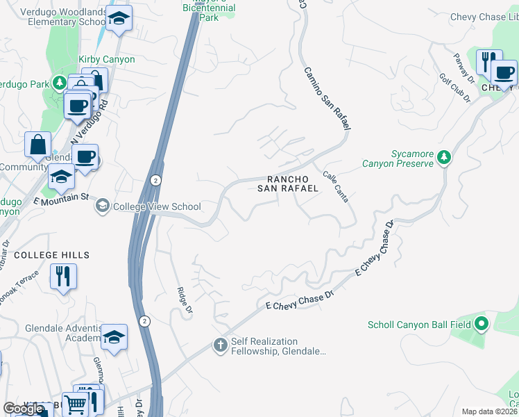 map of restaurants, bars, coffee shops, grocery stores, and more near 937 Calle Del Pacifico in Glendale