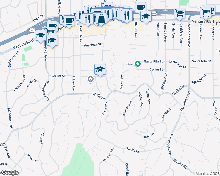 map of restaurants, bars, coffee shops, grocery stores, and more near 19633 Wells Drive in Los Angeles