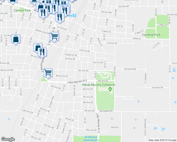 map of restaurants, bars, coffee shops, grocery stores, and more near 702 4th Avenue Southeast in Ardmore