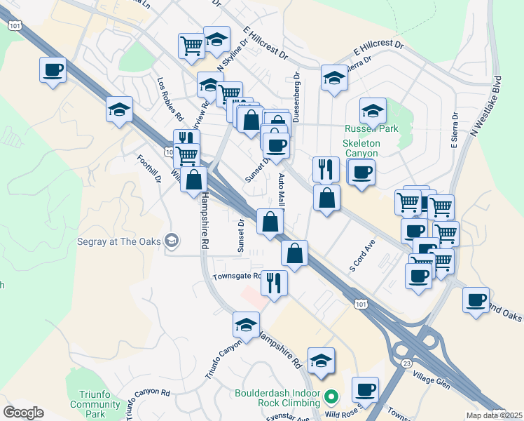 map of restaurants, bars, coffee shops, grocery stores, and more near 3388 Holly Grove Street in Westlake Village