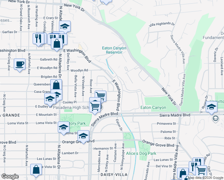 map of restaurants, bars, coffee shops, grocery stores, and more near 2853 Ashley Drive in Pasadena