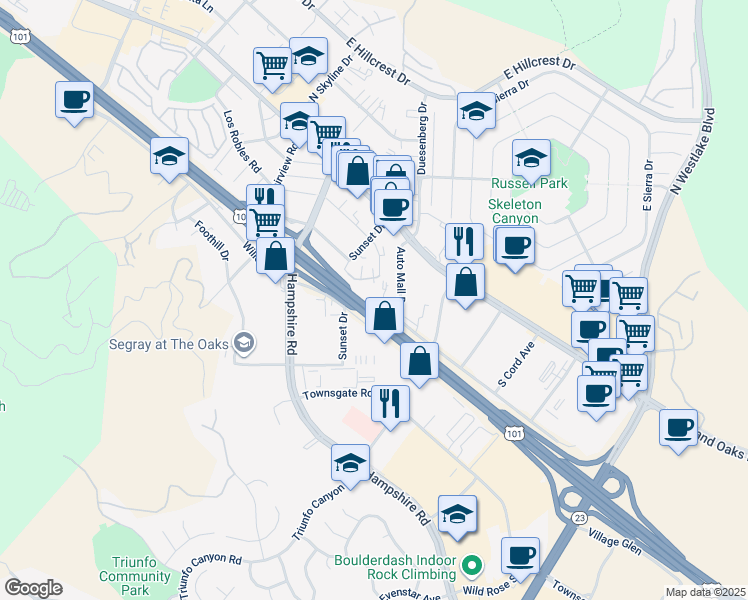 map of restaurants, bars, coffee shops, grocery stores, and more near 3388 Holly Grove Street in Westlake Village
