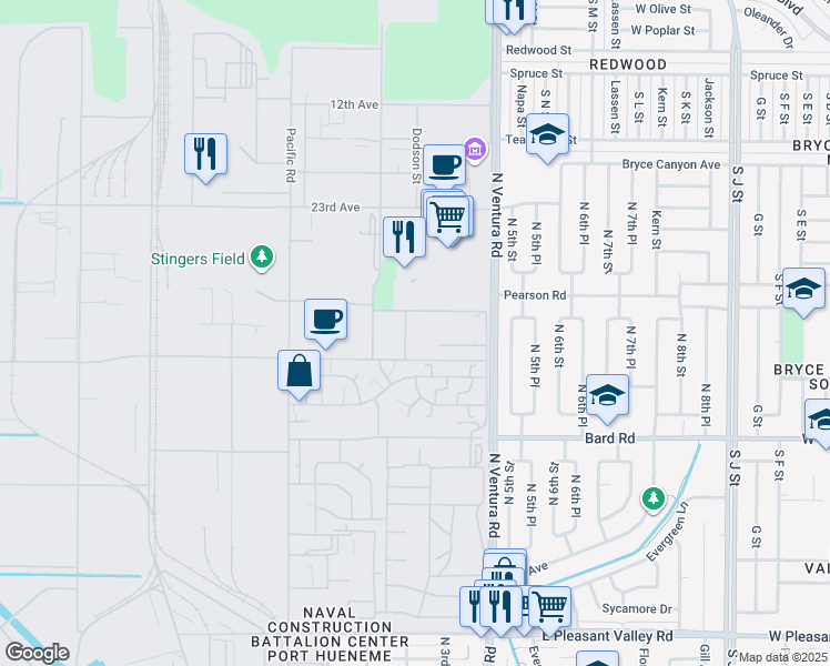 map of restaurants, bars, coffee shops, grocery stores, and more near 247 Pearl Court in Port Hueneme