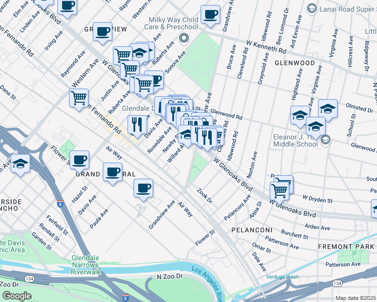 map of restaurants, bars, coffee shops, grocery stores, and more near 1021 Grandview Avenue in Glendale