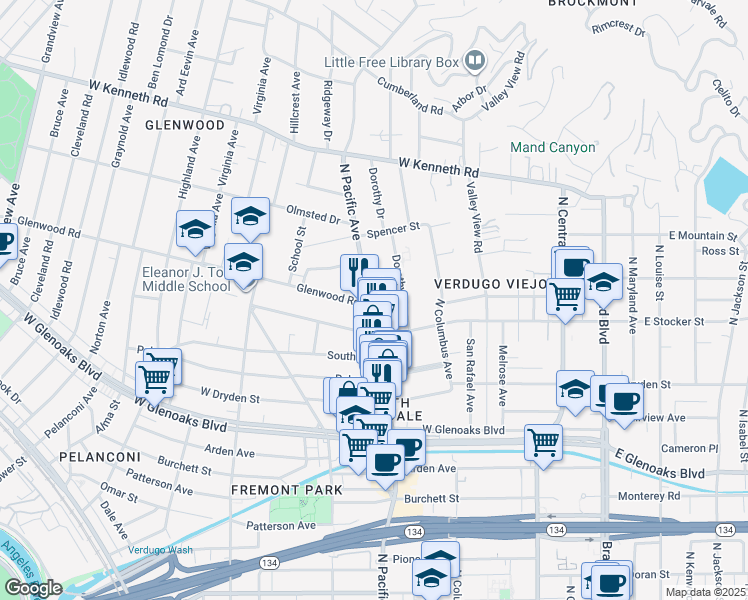 map of restaurants, bars, coffee shops, grocery stores, and more near 1232 North Pacific Avenue in Glendale