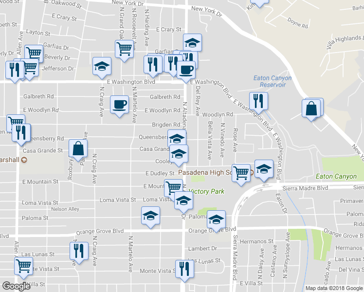 map of restaurants, bars, coffee shops, grocery stores, and more near 2515 Casa Grande Street in Pasadena