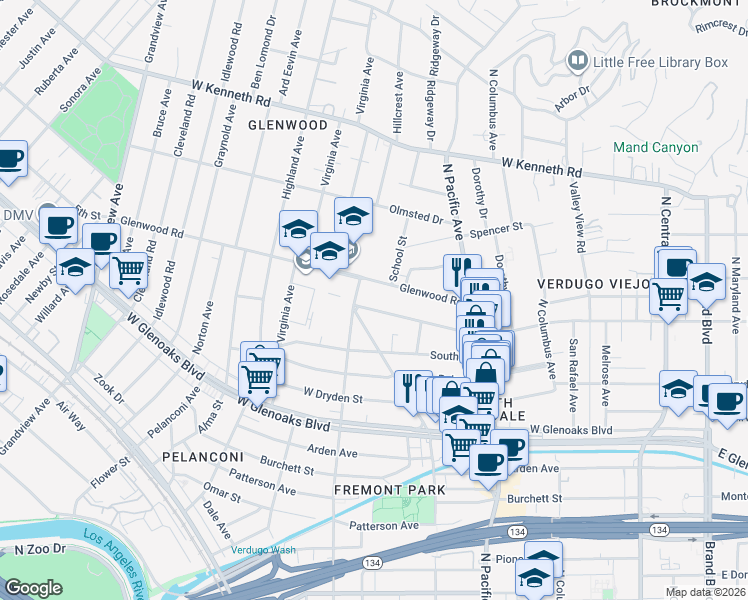 map of restaurants, bars, coffee shops, grocery stores, and more near 615 West Stocker Street in Glendale