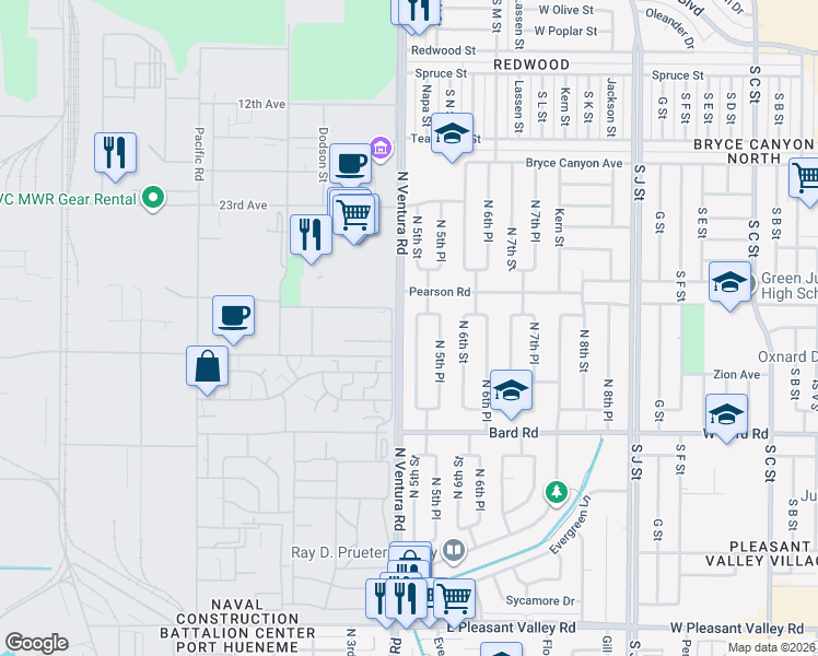 map of restaurants, bars, coffee shops, grocery stores, and more near 1623 North 5th Street in Port Hueneme