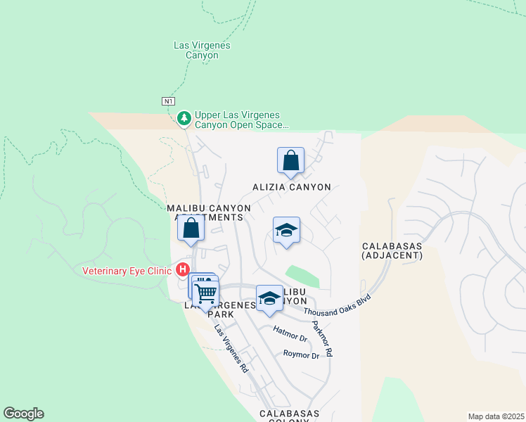 map of restaurants, bars, coffee shops, grocery stores, and more near 26204 Alizia Canyon Drive in Calabasas