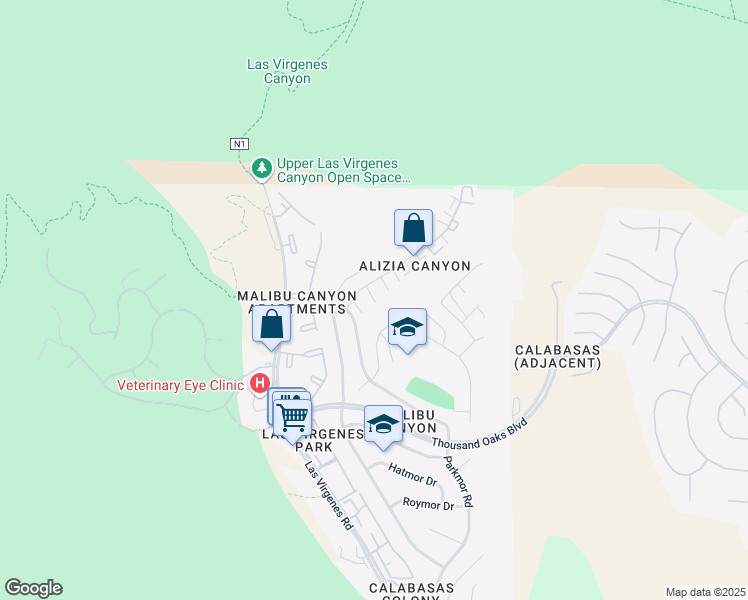 map of restaurants, bars, coffee shops, grocery stores, and more near 26260 Alizia Canyon Drive in Calabasas