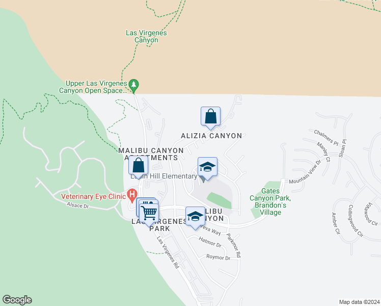 map of restaurants, bars, coffee shops, grocery stores, and more near 26248 Alizia Canyon Drive in Calabasas