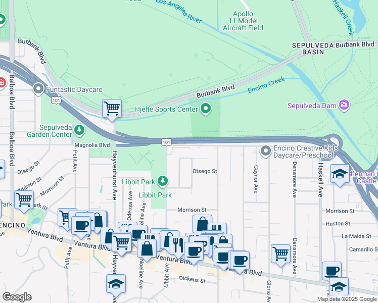 map of restaurants, bars, coffee shops, grocery stores, and more near 5196 Brian Lane in Los Angeles