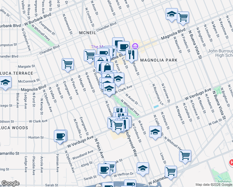 map of restaurants, bars, coffee shops, grocery stores, and more near 730 North Whitnall Highway in Burbank