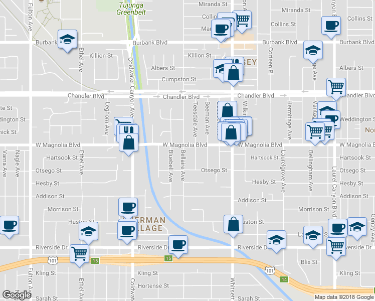 map of restaurants, bars, coffee shops, grocery stores, and more near 5150 Bellaire Avenue in Los Angeles