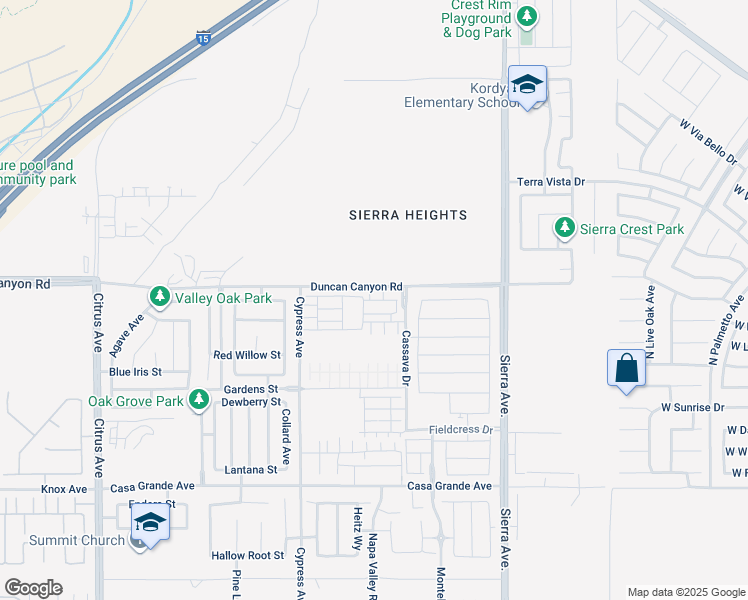 map of restaurants, bars, coffee shops, grocery stores, and more near 16573 Bottlebrush Lane in Fontana