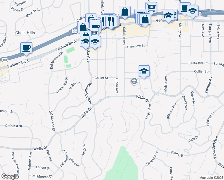 map of restaurants, bars, coffee shops, grocery stores, and more near 5117 Lubao Avenue in Los Angeles